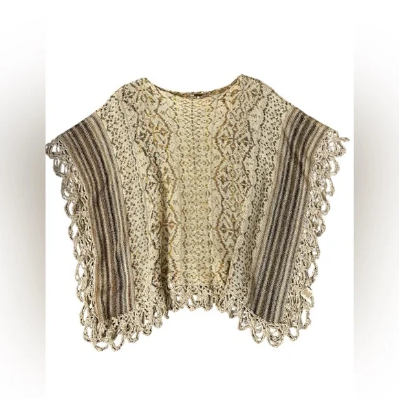 Free People Casablanca Boho Knit Poncho Wool Cream Brown XS - Picture 4 of 14